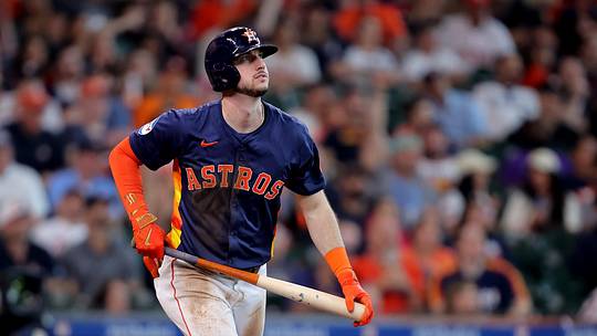 Jun 1, 2024; Houston, Texas, USA; Houston Astros right fielder Kyle Tucker (30) reacts after hitting a home run against the Minnesota Twins during the third inning at Minute Maid Park. Mandatory Credit: Erik Williams-USA TODAY Sports